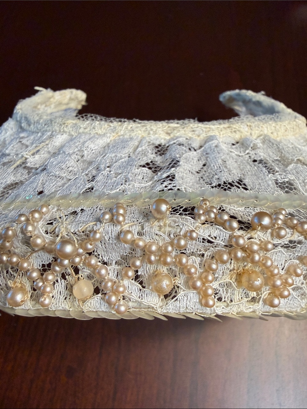 50’s Ivory Lace Bridal Headband with Faux Pearls & Sequins - Picture 6 of 13